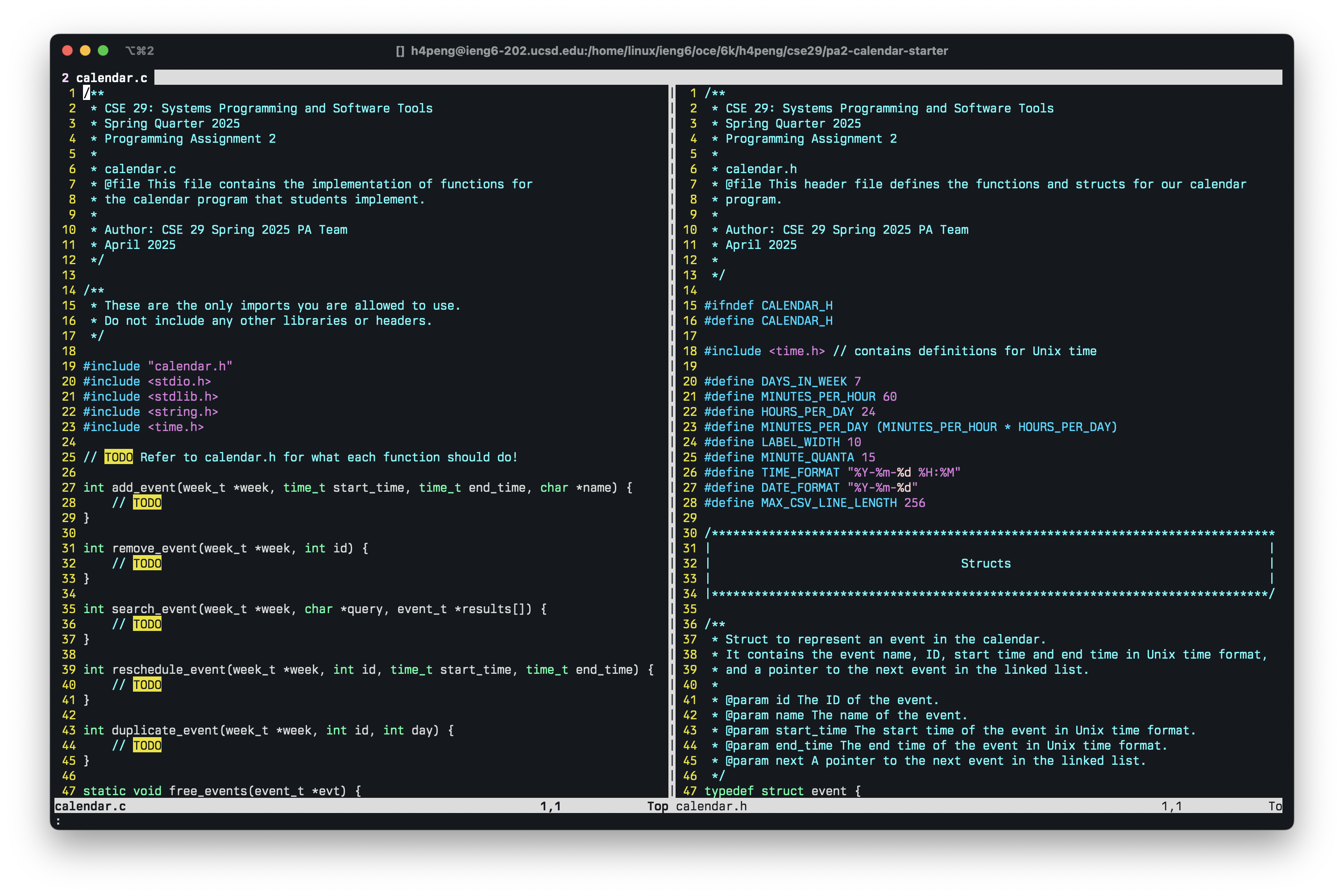 Vim displaying calendar.h and calendar.c side-by-side