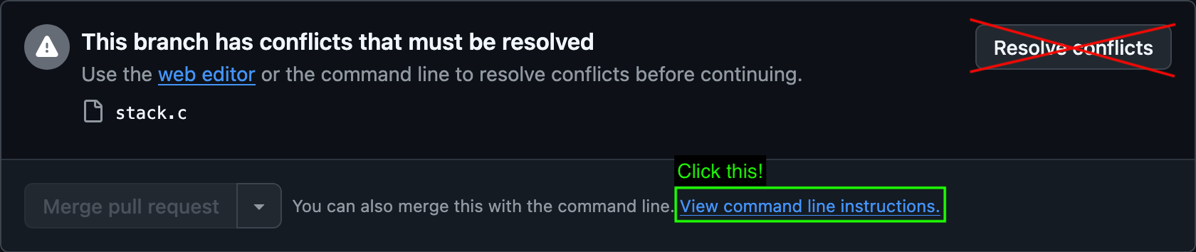 GitHub shows "view command line instructions" at the bottom of the conflict box
