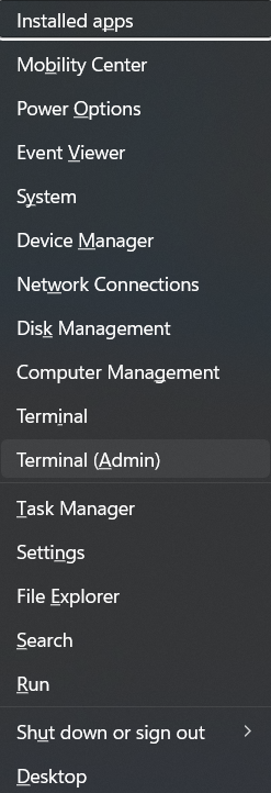 The Terminal (Admin) item in the Windows+X menu